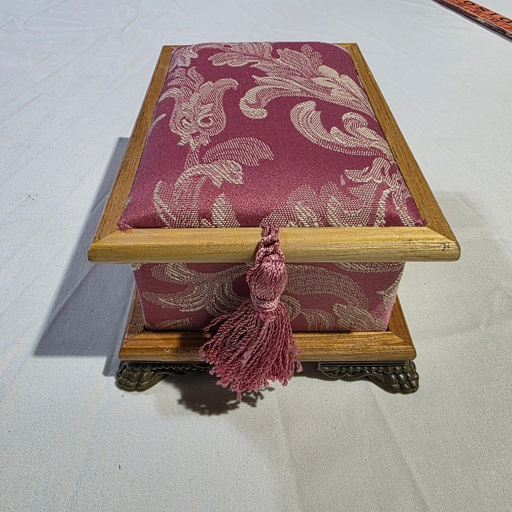 Vintage Wooden Jewelry Box Damask Fabric Tassel Mirror Ornate Feet Burgundy Gold